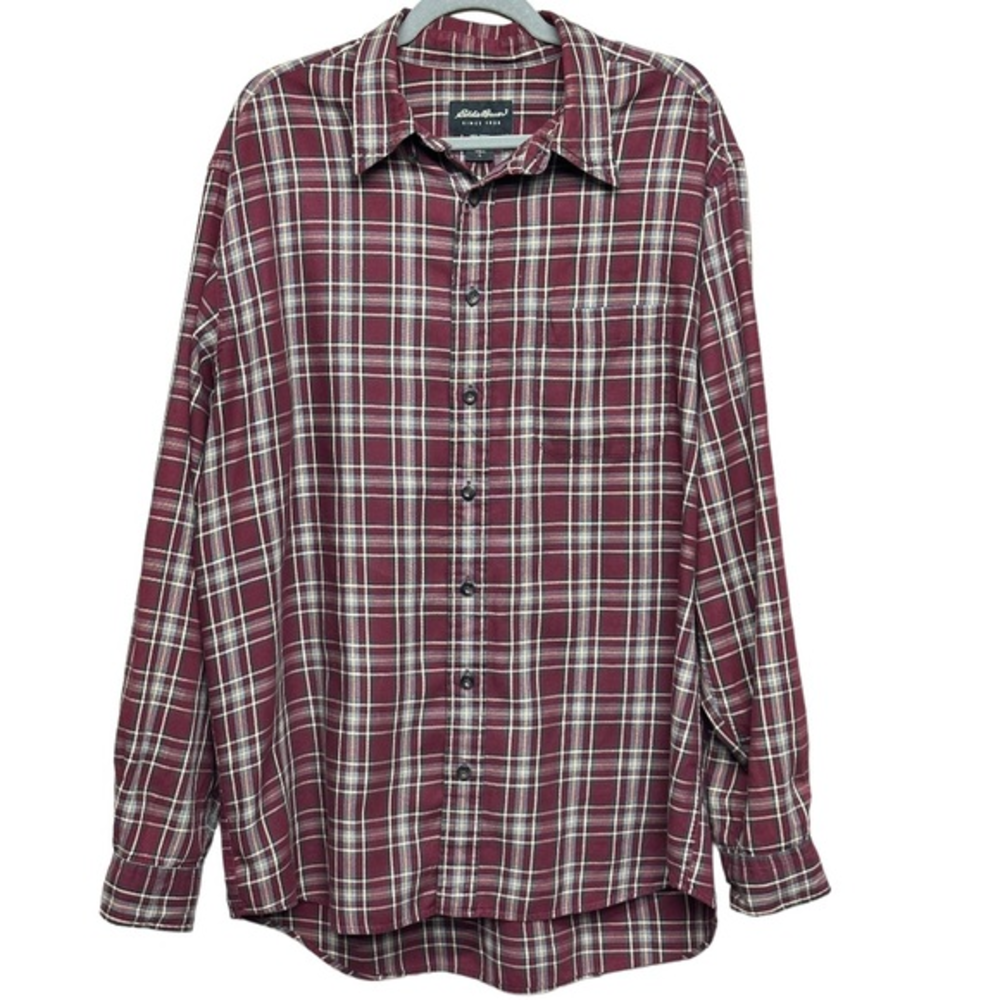 Eddie Bauer Flannel Red Gray Plaid Button Down Shirt Mens Size LT Outdoor Hiking